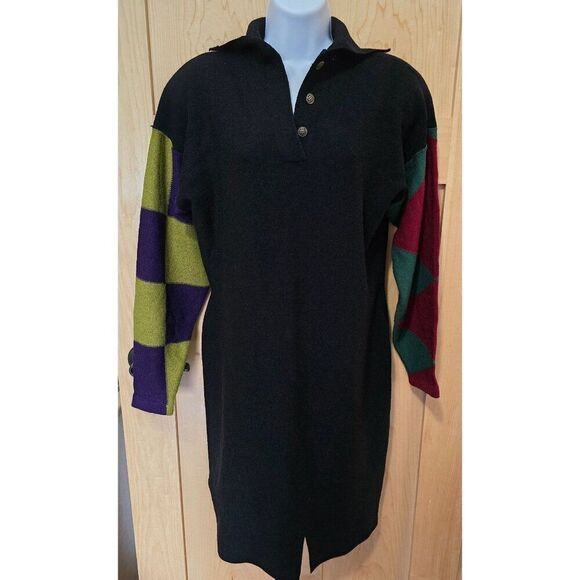 Vintage Long-Sleeve Colorblock Sweater Dress With Button-Neck & Geometric Patter - Picture 1 of 16